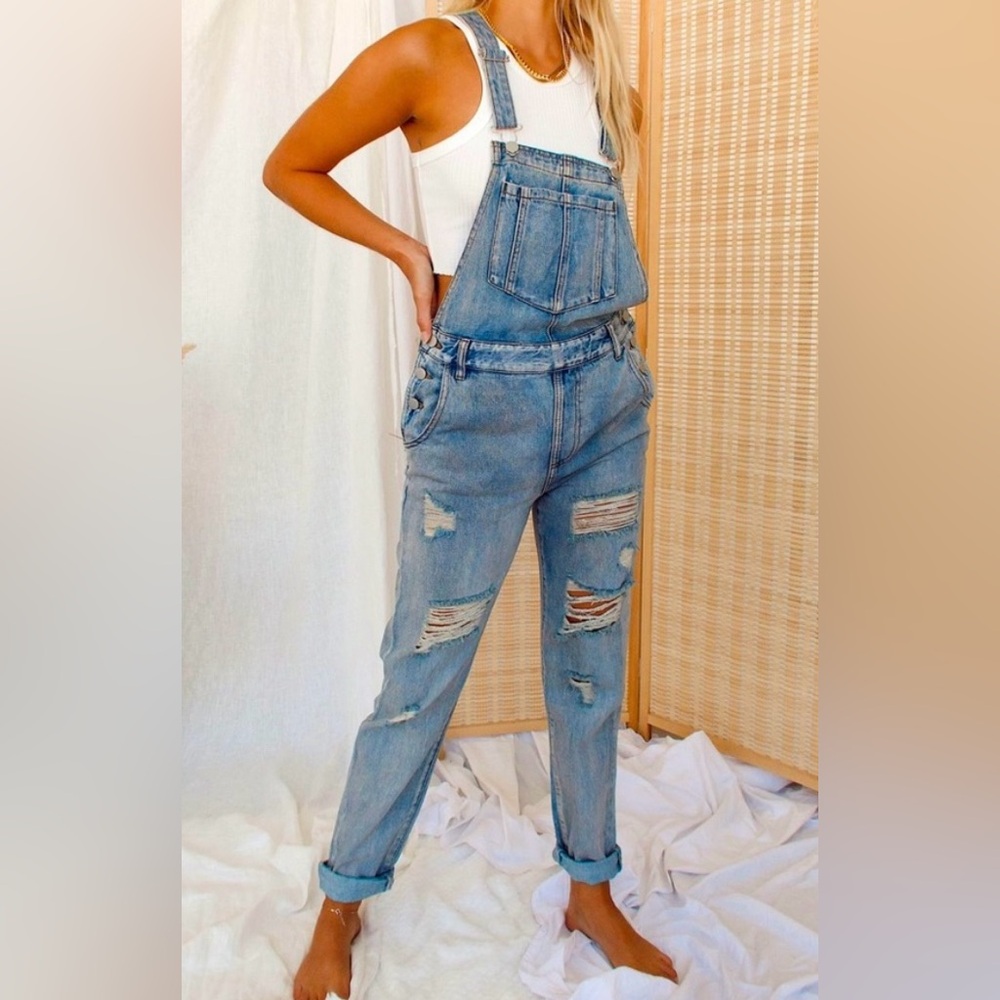 12th Tribe light wash denim overalls